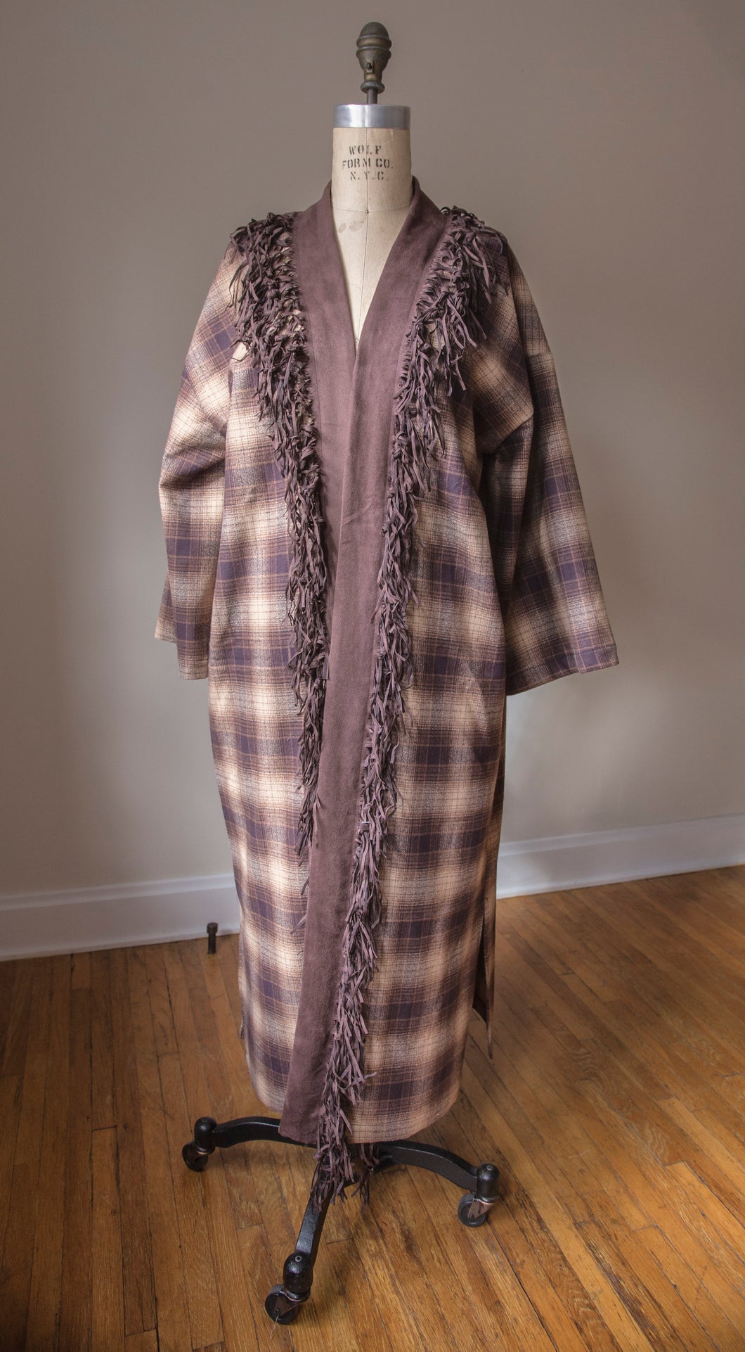 Long Flannel Plaid Duster with Fringe